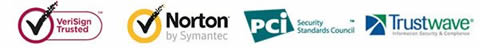 BY Verisign Trusted, Norton by Symantec, PCI security, Trustwave